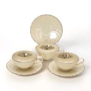 Lenox Valera 3 individual Cup & Saucer Sets Platinum Trim 1961-77 Fine Porcelain